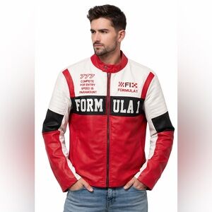 Faux Leather Red and White Men's Bike Jacket